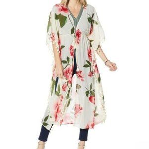NWT Colleen Lopez Womens Floral Tassel Duster Swim Cover Cream or Blue XS to 1X